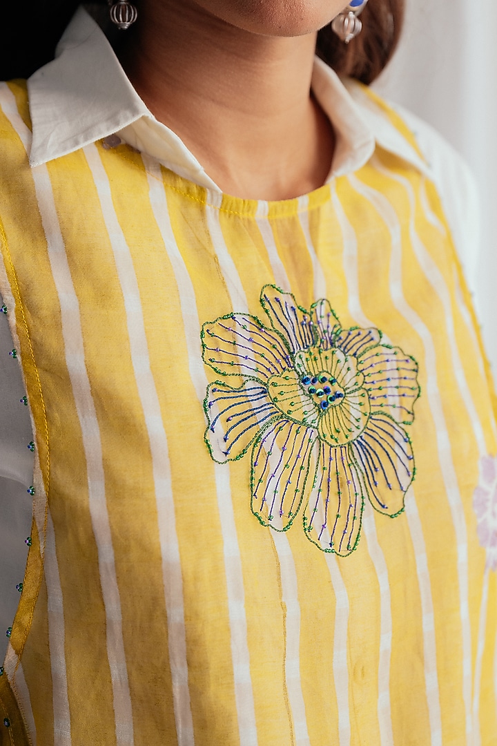 Yellow Chanderi Hand-Block Printed & Embroidered Bib by Jodi at Pernia's Pop Up Shop