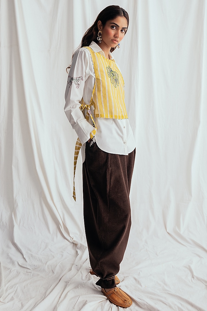 Yellow Chanderi Hand-Block Printed & Embroidered Bib by Jodi at Pernia's Pop Up Shop
