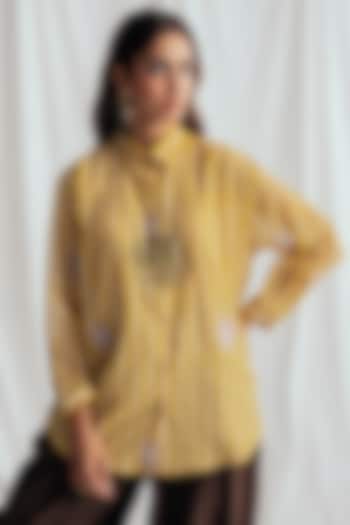 Yellow Chanderi Hand-Block Printed & Embroidered Shirt by Jodi at Pernia's Pop Up Shop
