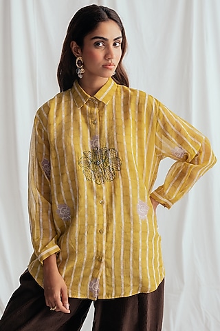Yellow Chanderi Hand-Block Printed & Embroidered Shirt by Jodi