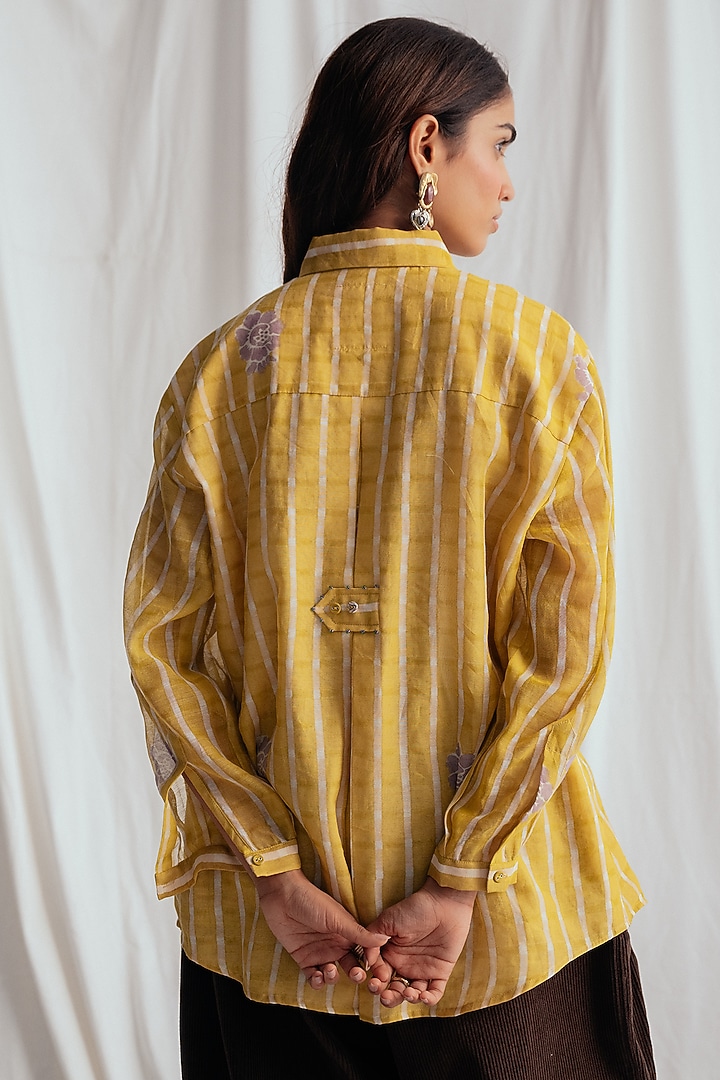 Yellow Chanderi Hand-Block Printed & Embroidered Shirt by Jodi at Pernia's Pop Up Shop