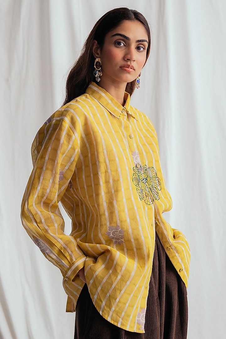 Yellow Chanderi Hand-Block Printed & Embroidered Shirt by Jodi at Pernia's Pop Up Shop