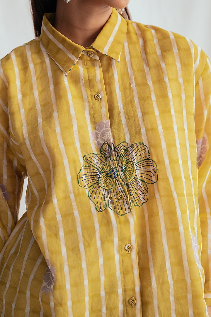 Yellow Chanderi Hand-Block Printed & Embroidered Shirt by Jodi at Pernia's Pop Up Shop