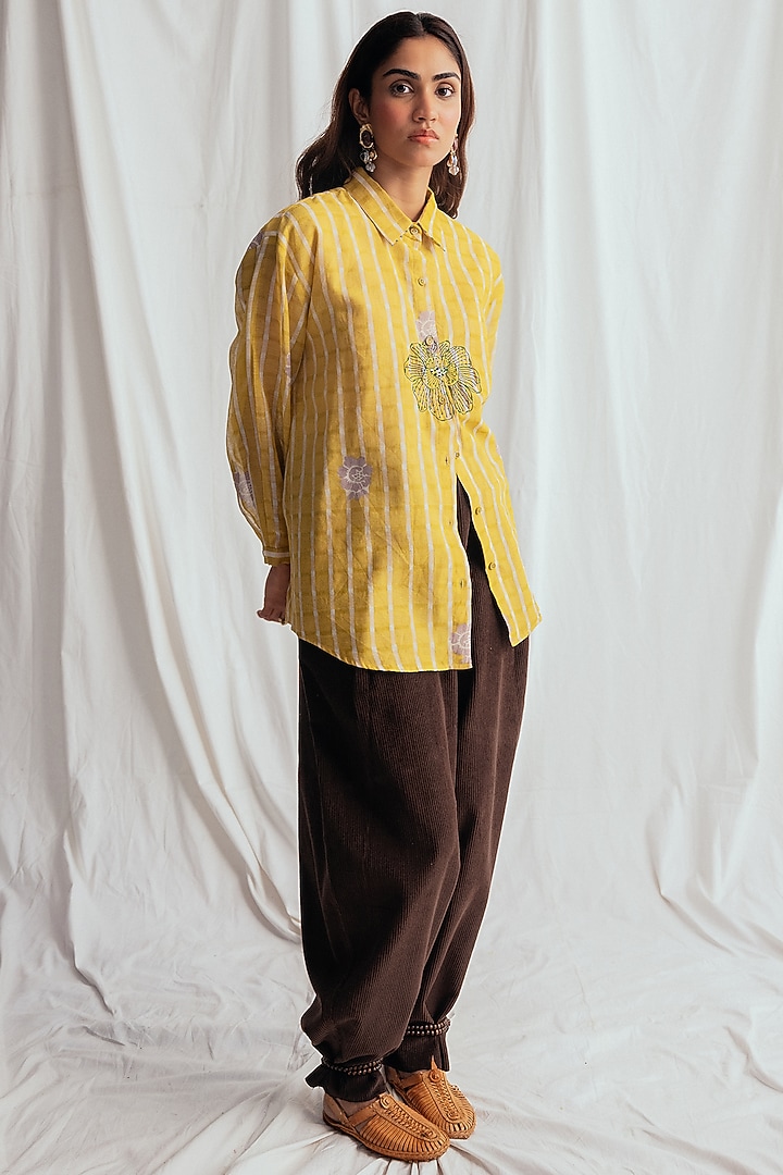 Yellow Chanderi Hand-Block Printed & Embroidered Shirt by Jodi at Pernia's Pop Up Shop