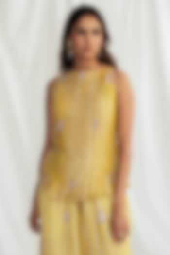 Yellow Chanderi Hand-Block Printed & Embroidered Top by Jodi at Pernia's Pop Up Shop