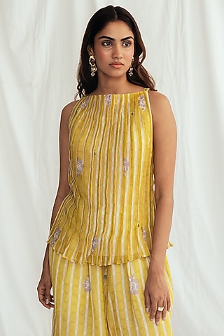 Yellow Chanderi Hand-Block Printed & Embroidered Top by Jodi
