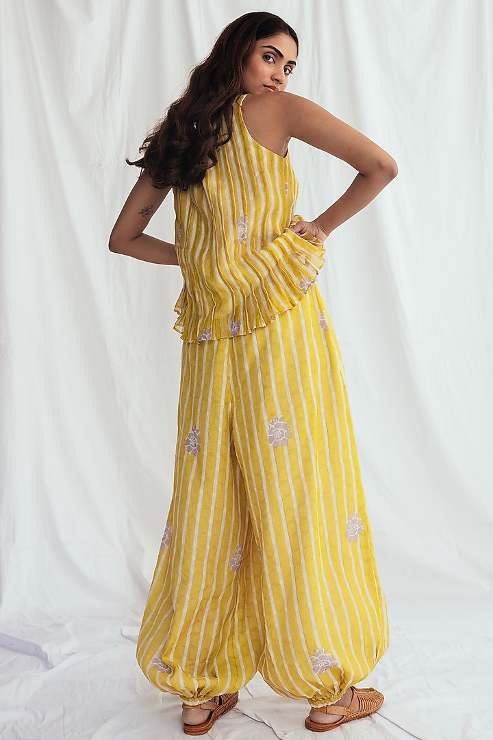 Yellow Chanderi Hand-Block Printed & Embroidered Top by Jodi at Pernia's Pop Up Shop