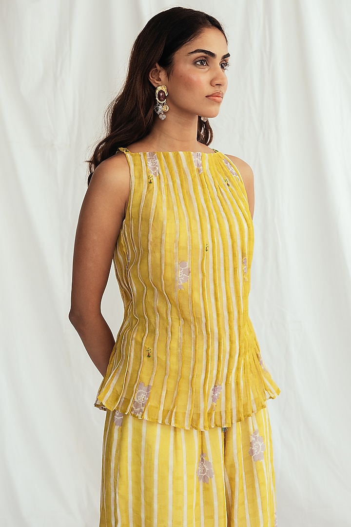 Yellow Chanderi Hand-Block Printed & Embroidered Top by Jodi at Pernia's Pop Up Shop