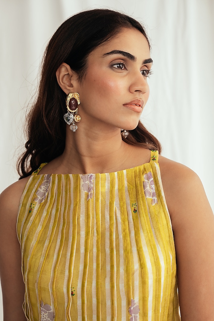 Yellow Chanderi Hand-Block Printed & Embroidered Top by Jodi at Pernia's Pop Up Shop