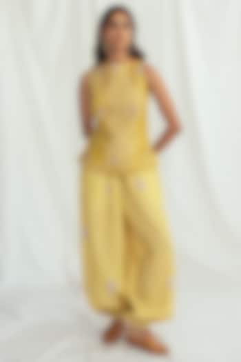 Yellow Chanderi Hand-Block Printed & Embroidered Pants by Jodi at Pernia's Pop Up Shop