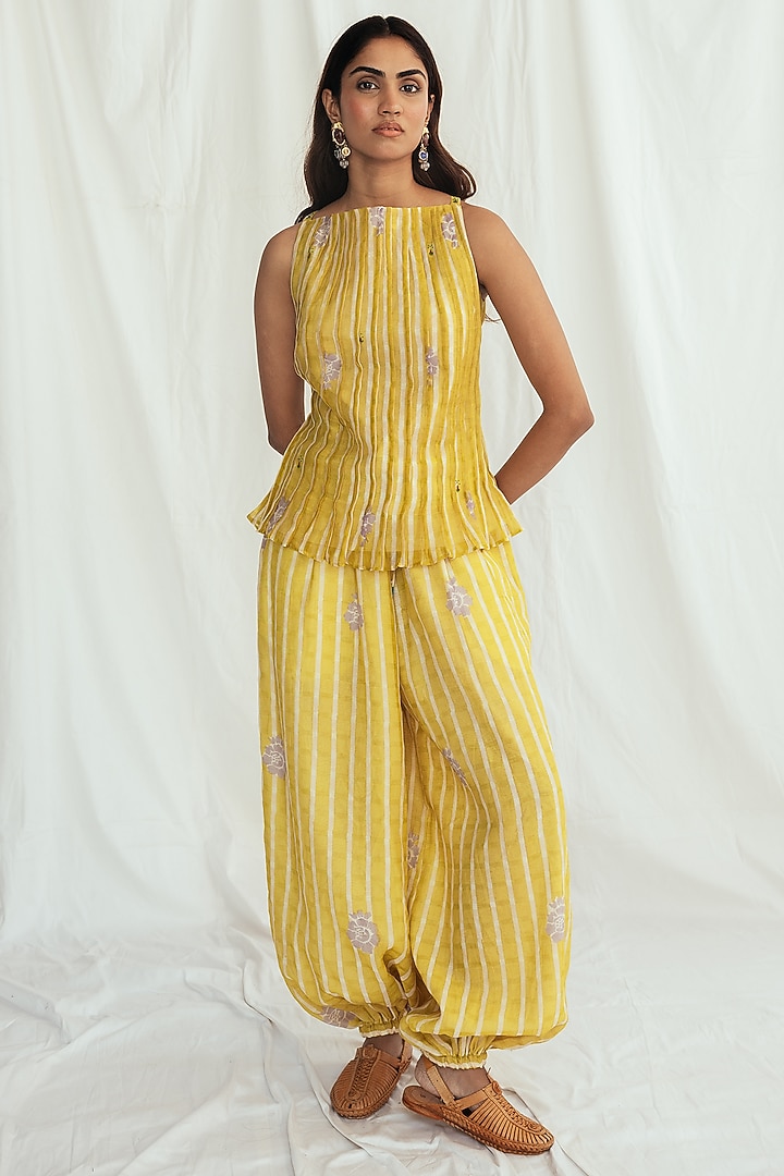 Yellow Chanderi Hand-Block Printed & Embroidered Pants by Jodi at Pernia's Pop Up Shop