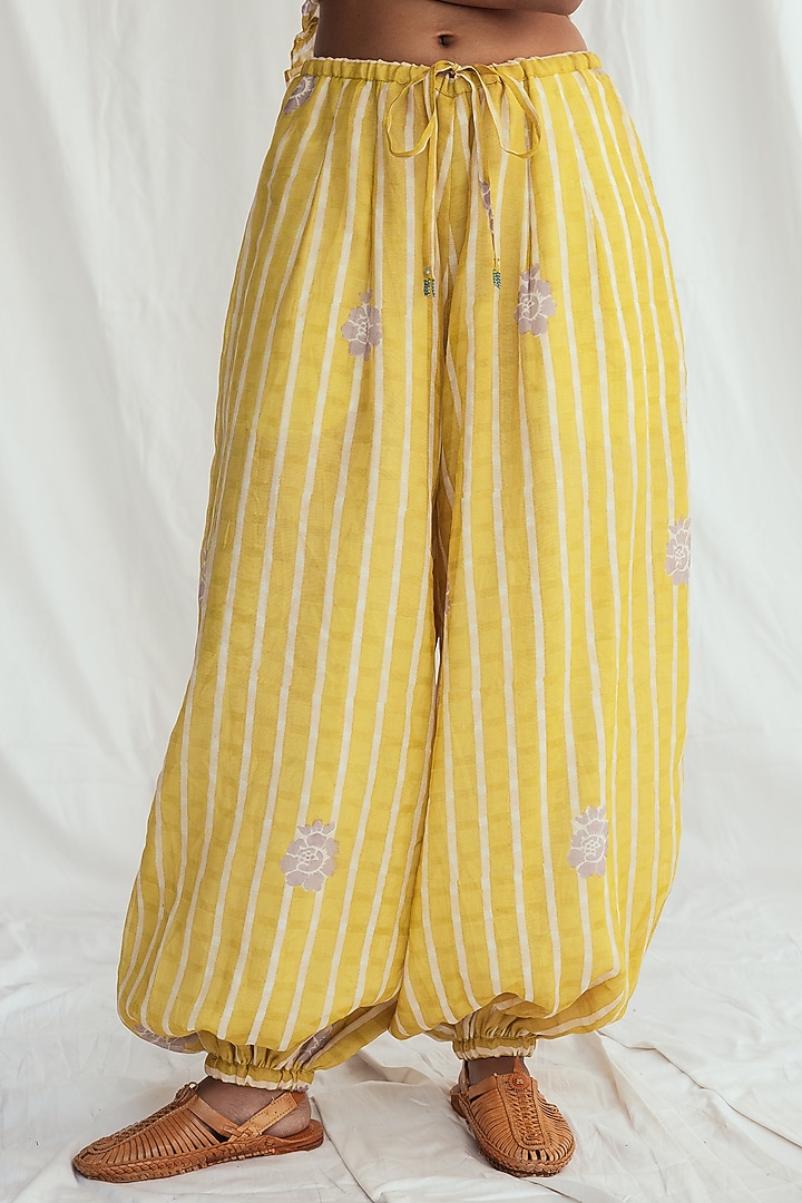 Yellow Chanderi Hand-Block Printed & Embroidered Pants by Jodi at Pernia's Pop Up Shop