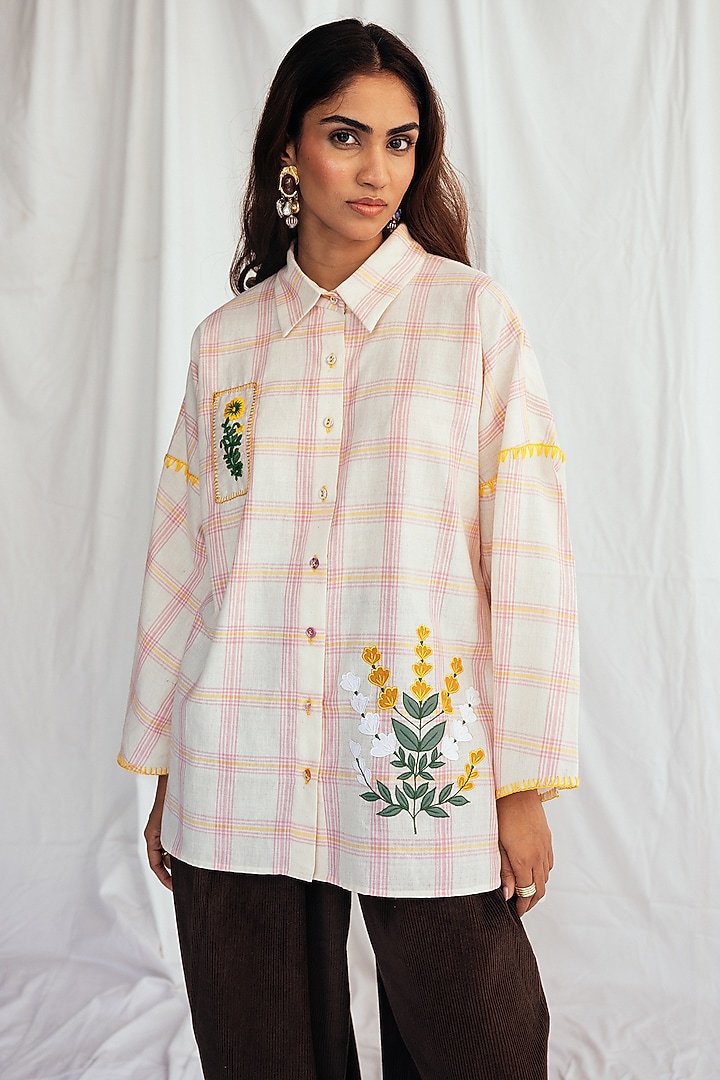 Pink & White Cotton Embroidered & Checkered Shirt by Jodi at Pernia's Pop Up Shop