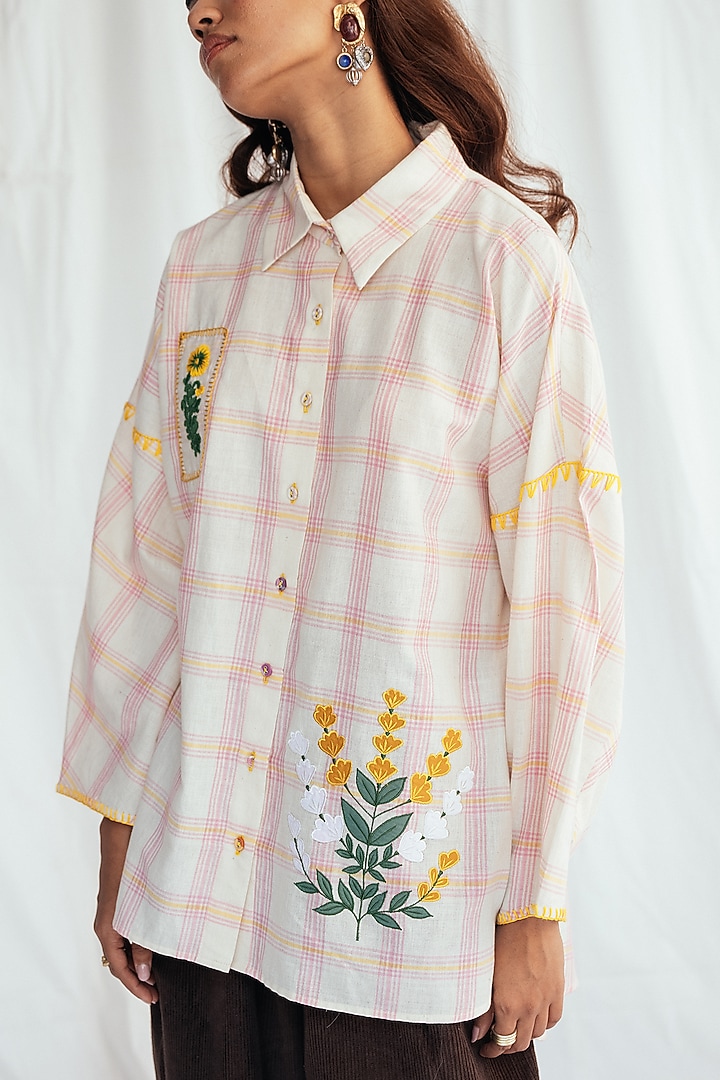 Pink & White Cotton Embroidered & Checkered Shirt by Jodi at Pernia's Pop Up Shop