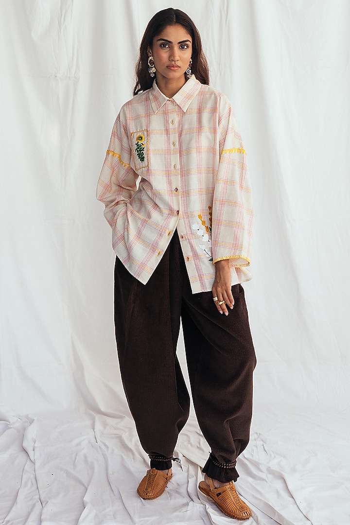 Pink & White Cotton Embroidered & Checkered Shirt by Jodi at Pernia's Pop Up Shop