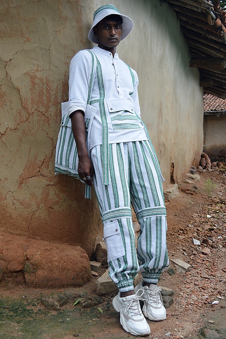 White & Emerald Green Pant Set by JOHARGRAM MEN