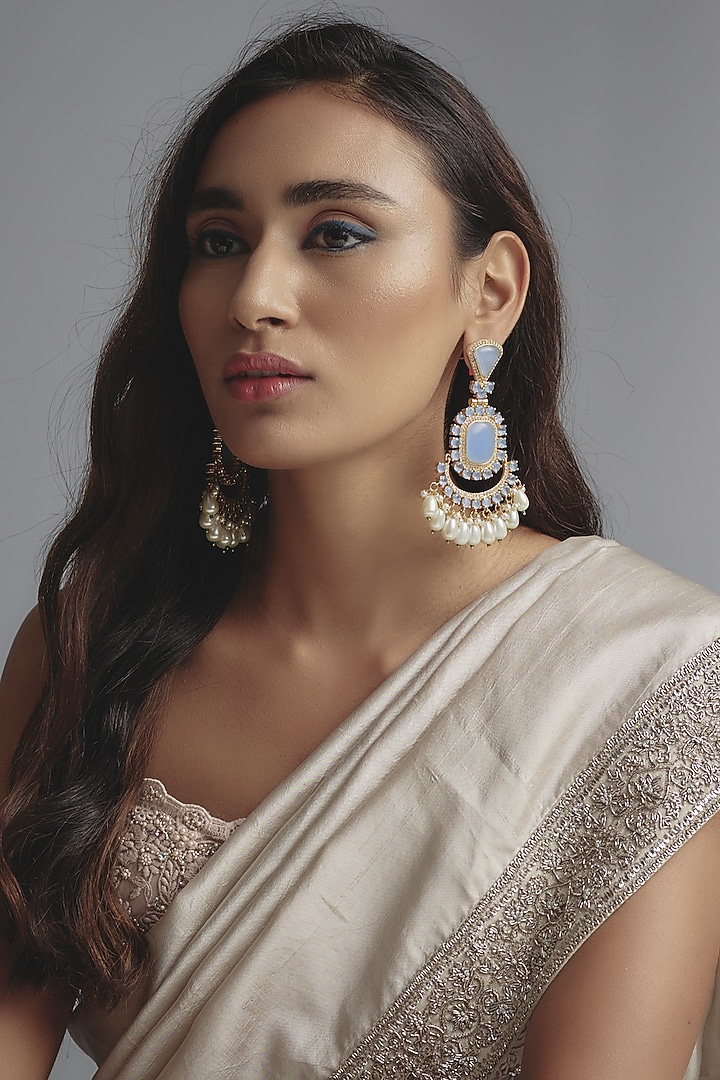 Gold Finish Zircon & Blue Stone Dangler Earrings by Johori at Pernia's Pop Up Shop