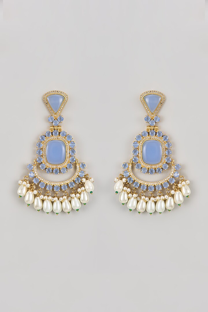 Gold Finish Zircon & Blue Stone Dangler Earrings by Johori at Pernia's Pop Up Shop