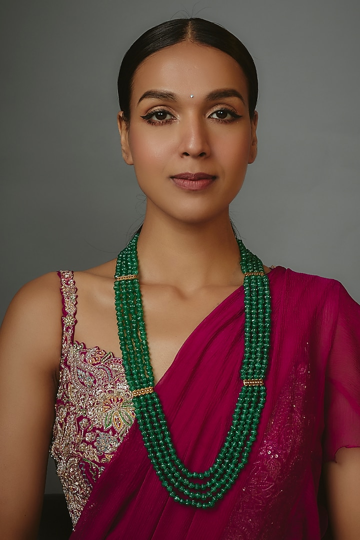 Gold Finish Emerald Green Synthetic Stone Layered Necklace by Johori at Pernia's Pop Up Shop