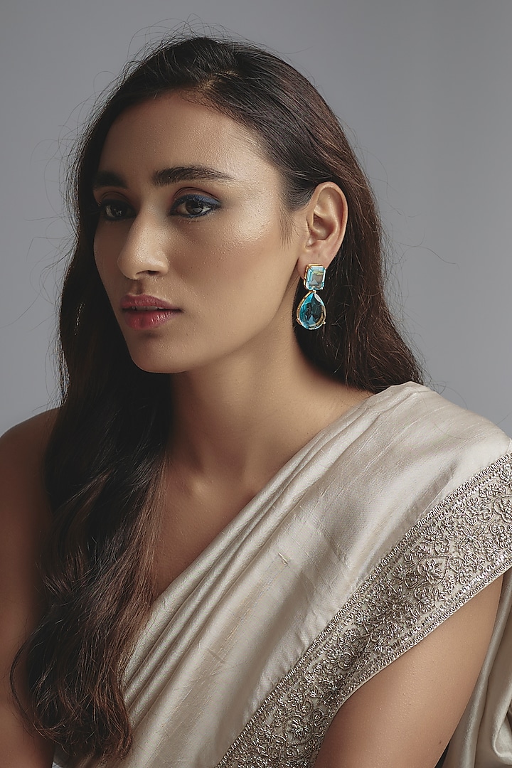 Gold Finish Aqua Stone Dangler Earrings by Johori at Pernia's Pop Up Shop