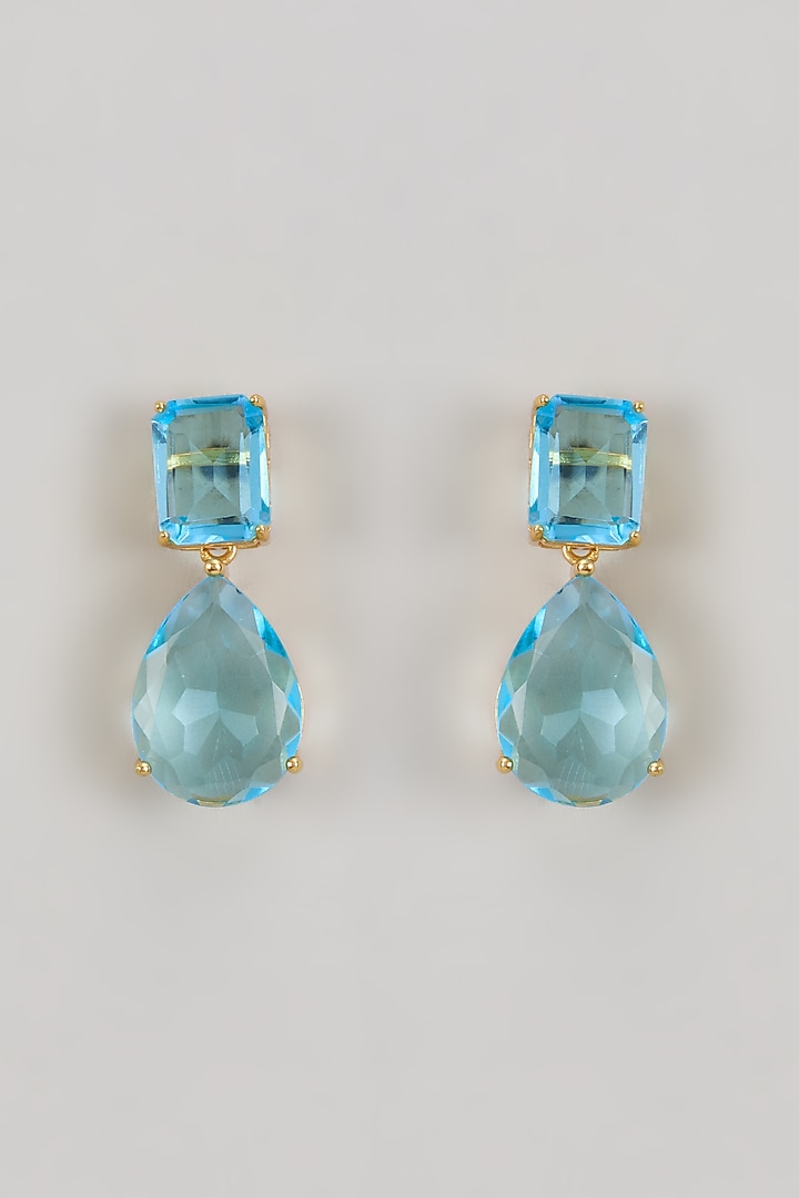 Gold Finish Aqua Stone Dangler Earrings by Johori at Pernia's Pop Up Shop