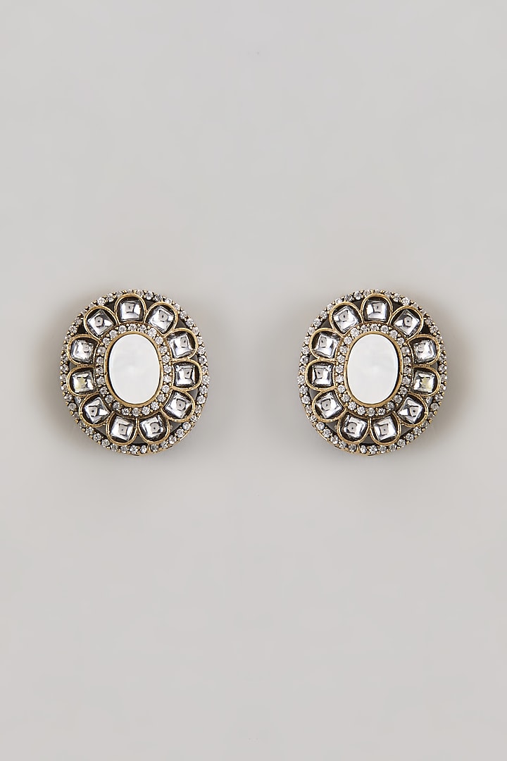 Victorian Two Tone Finish Kundan Polki & Mother Of Pearl Stud Earrings by Johori at Pernia's Pop Up Shop