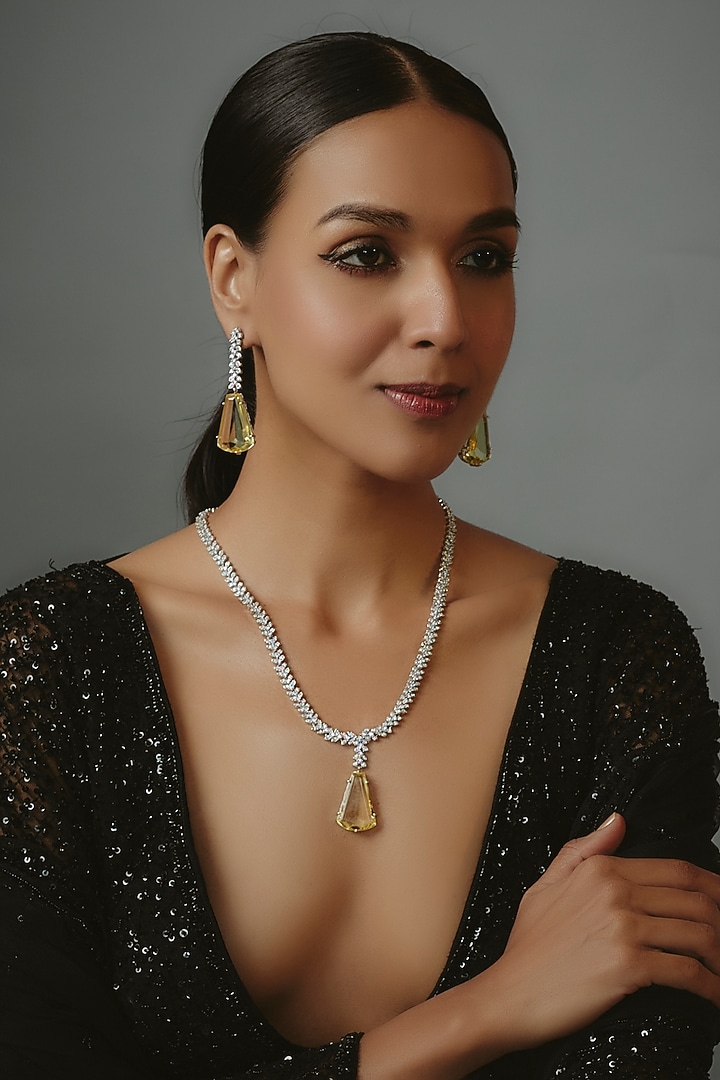 White Finish Zircon & Yellow Synthetic Stone Long Necklace Set by Johori at Pernia's Pop Up Shop