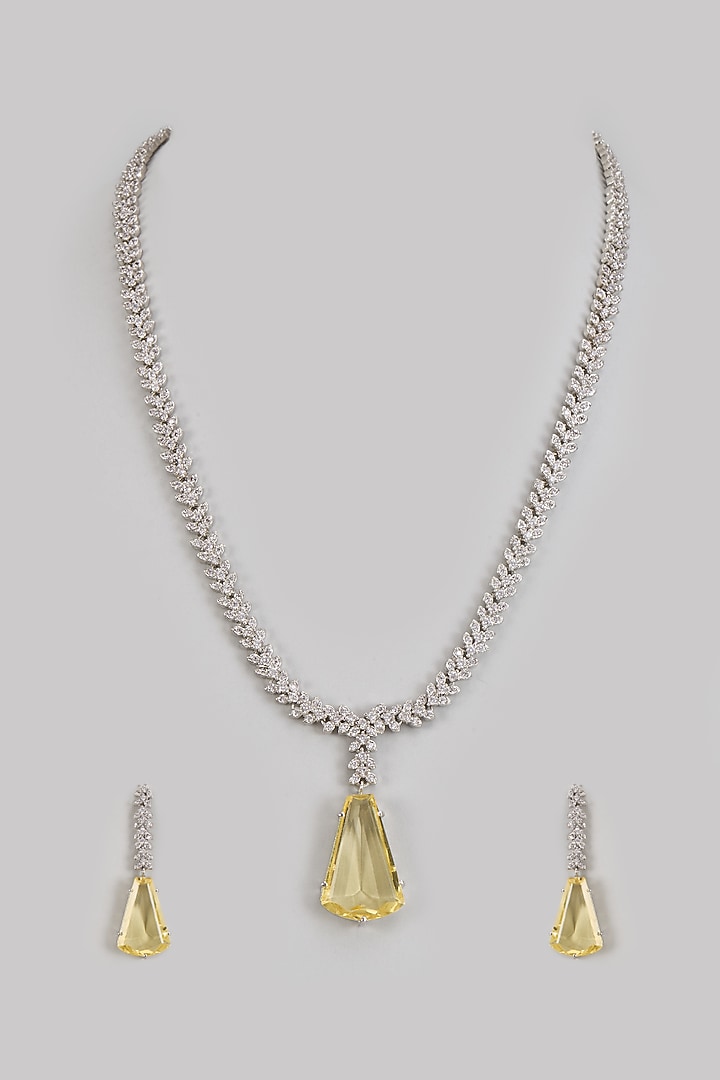 White Finish Zircon & Yellow Synthetic Stone Long Necklace Set by Johori at Pernia's Pop Up Shop