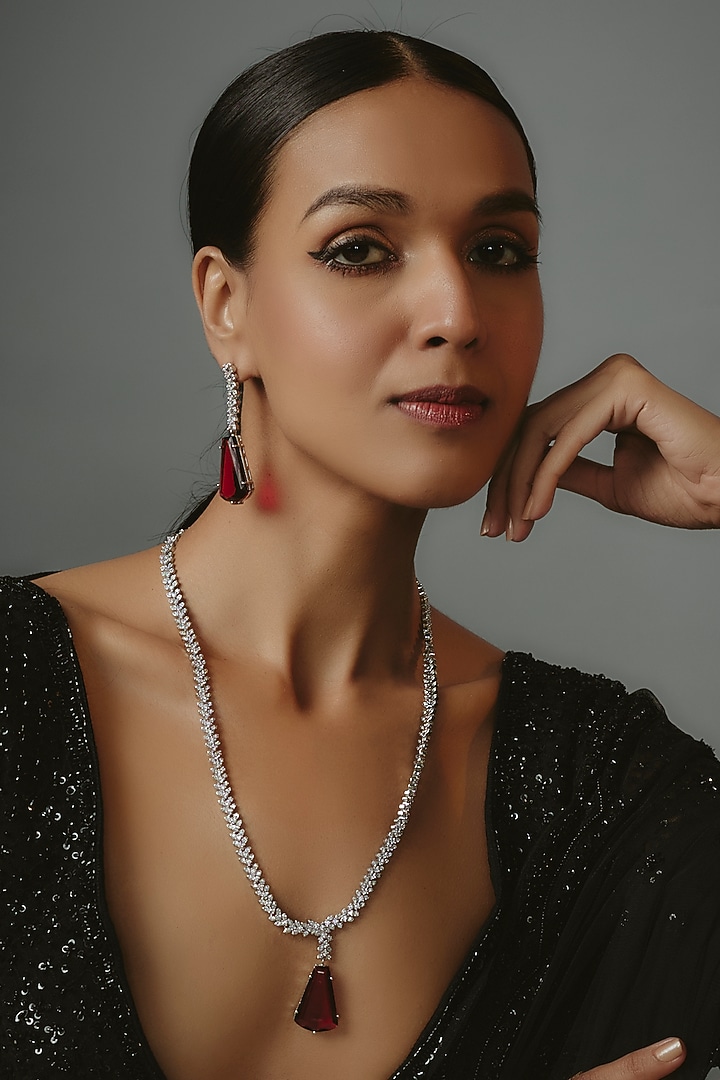 White Finish Zircon & Ruby Synthetic Stone Long Necklace Set by Johori at Pernia's Pop Up Shop