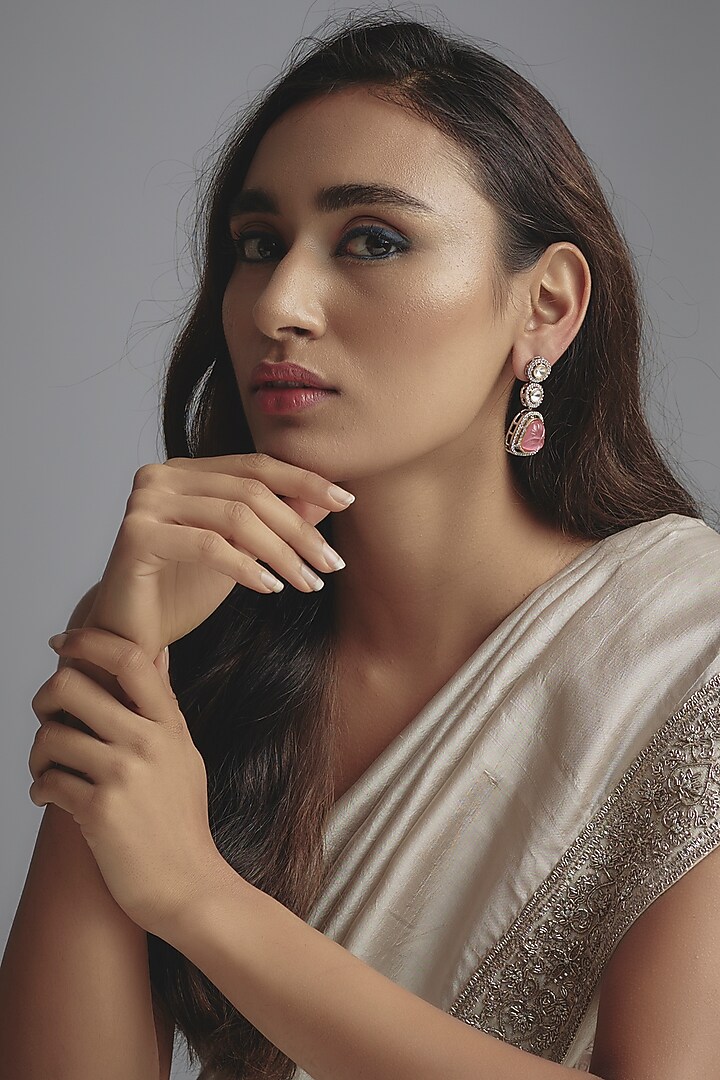 Two Tone Finish Kundan Polki & Pink Carved Stone Dangler Earrings by Johori at Pernia's Pop Up Shop