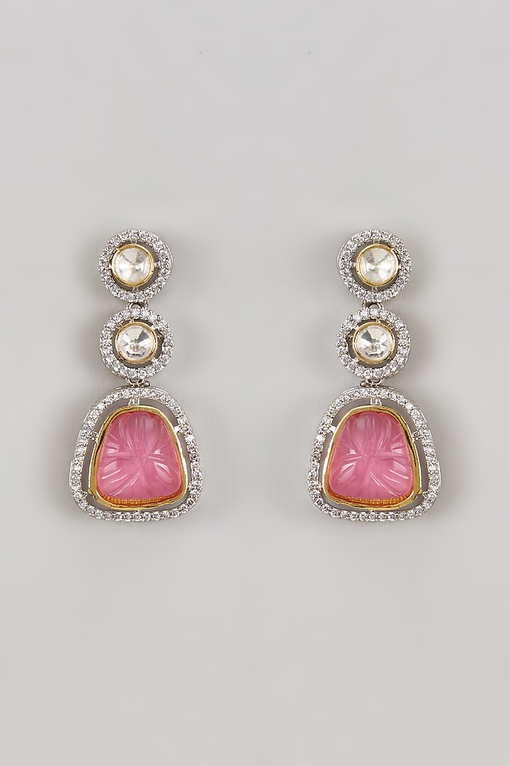 Two Tone Finish Kundan Polki & Pink Carved Stone Dangler Earrings by Johori at Pernia's Pop Up Shop