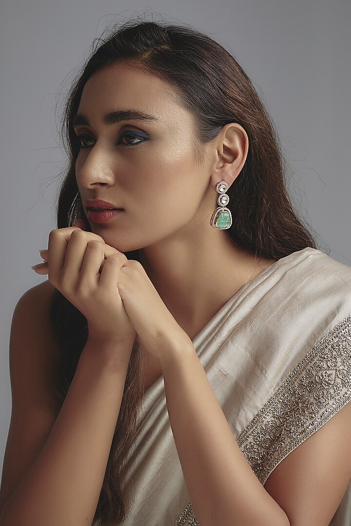 Two Tone Finish Kundan Polki & Mint Green Carved Stone Dangler Earrings by Johori at Pernia's Pop Up Shop