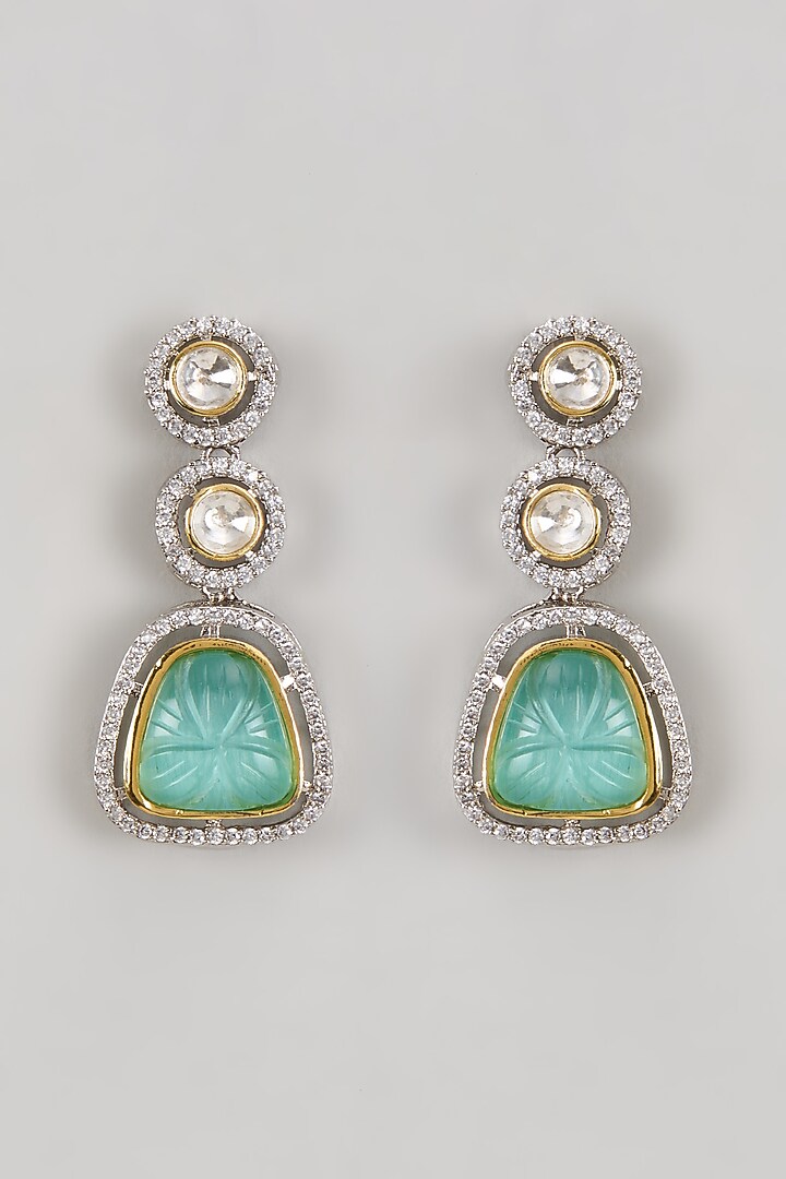 Two Tone Finish Kundan Polki & Mint Green Carved Stone Dangler Earrings by Johori at Pernia's Pop Up Shop