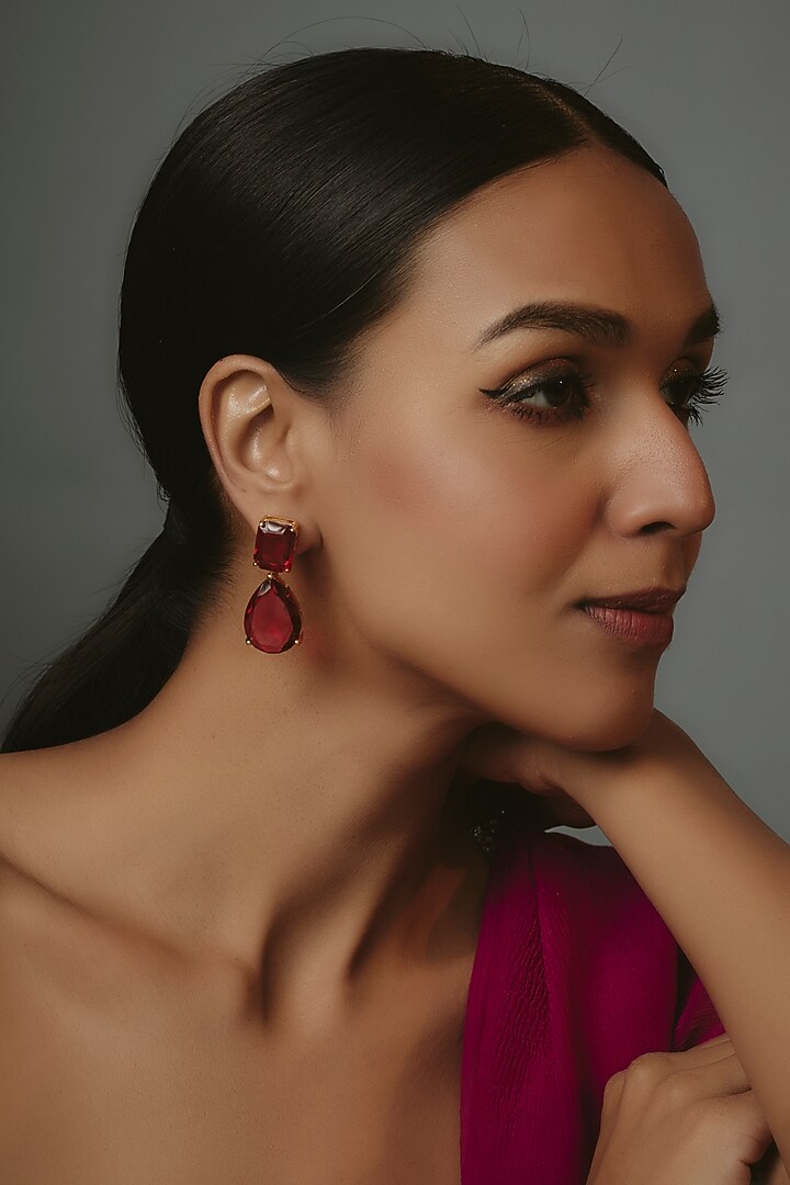 Gold Finish Ruby Stone Dangler Earrings by Johori at Pernia's Pop Up Shop