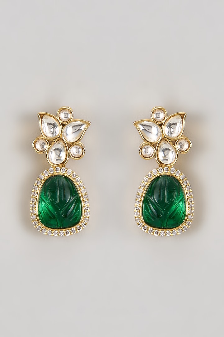 Gold Finish Kundan Polki & Carved Green Stone Dangler Earrings by Johori at Pernia's Pop Up Shop