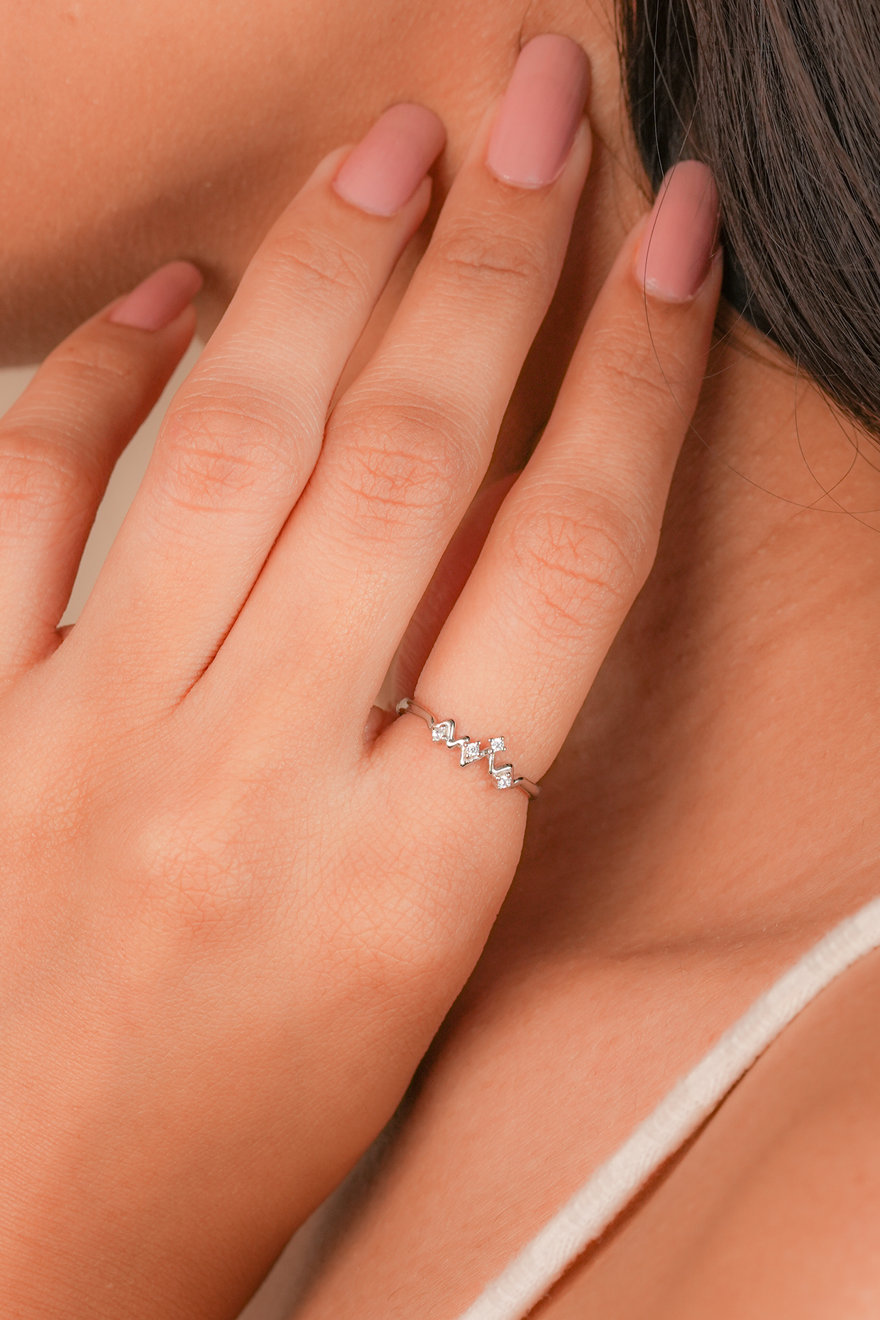 White Finish Zircon Heartbeat Ring In Sterling Silver by Johori at Pernia's Pop Up Shop