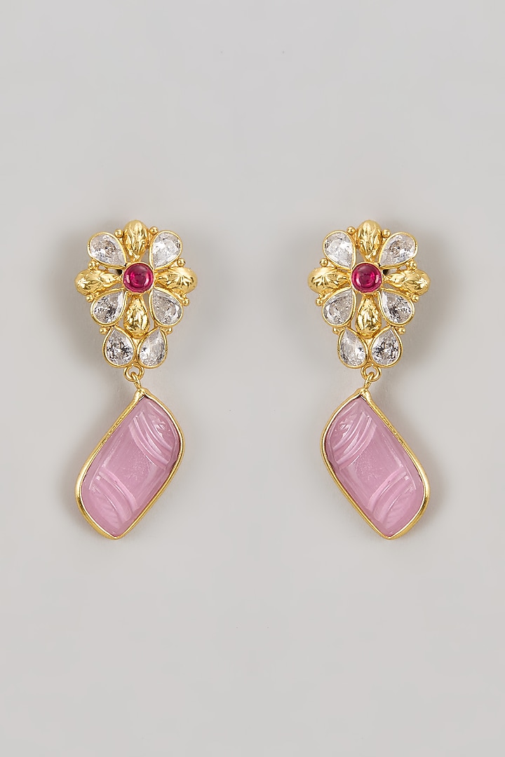 Gold Finish Kundan Polki & Carved Pink Stone Dangler Earrings by Johori at Pernia's Pop Up Shop