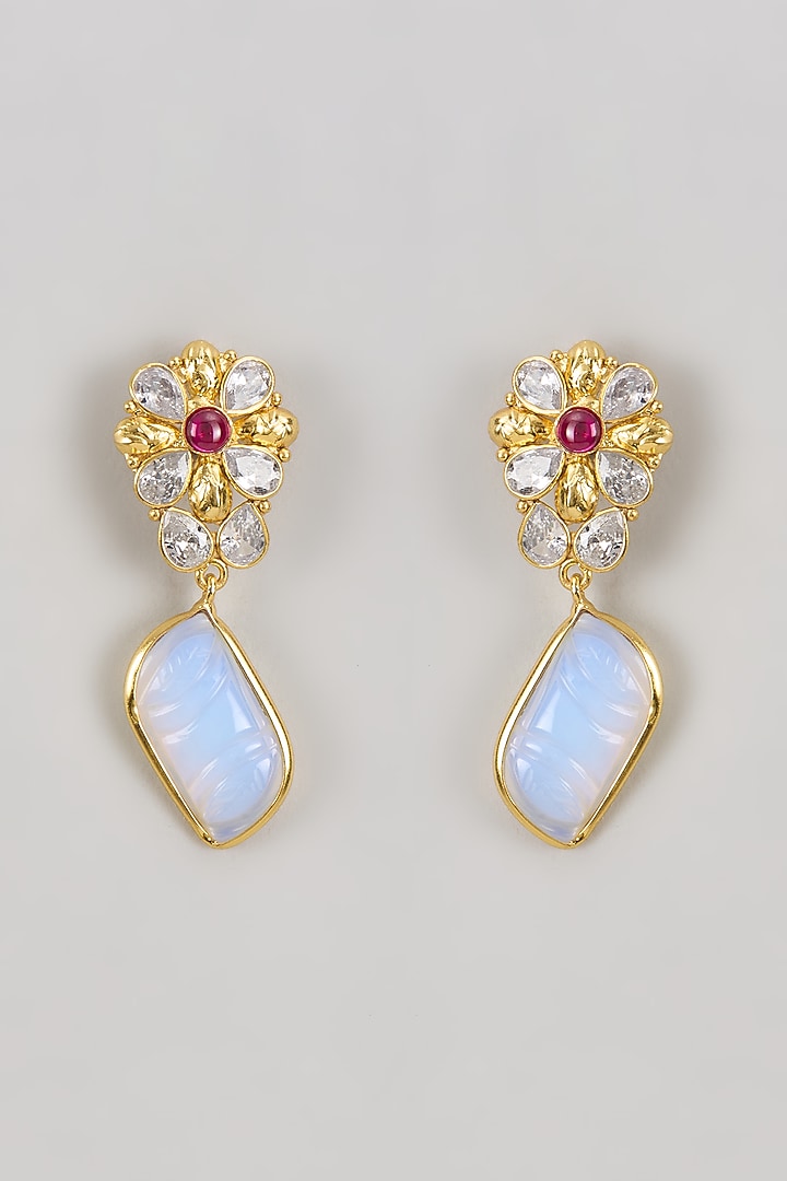 Gold Finish Kundan Polki & Carved Blue Stone Dangler Earrings by Johori at Pernia's Pop Up Shop