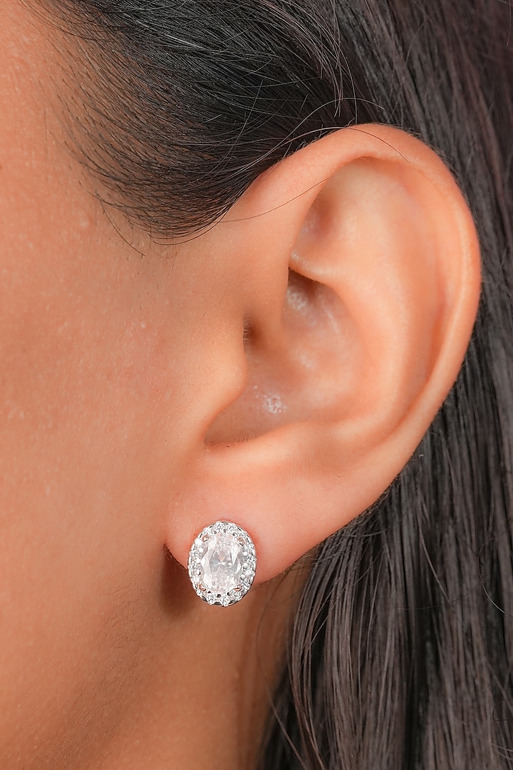 White Finish Zircon Oval Stud Earrings In Sterling Silver by Johori at Pernia's Pop Up Shop