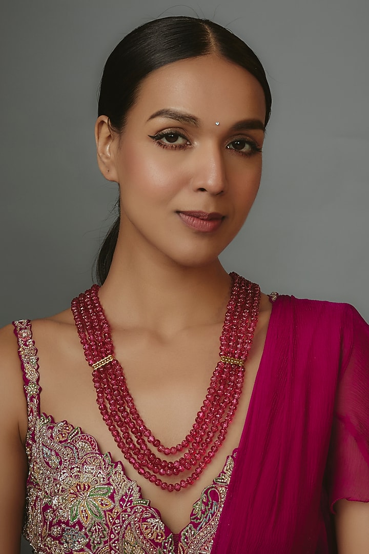 Gold Finish Ruby Beaded Layered Necklace by Johori at Pernia's Pop Up Shop