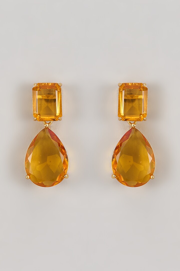 Gold Finish Synthetic Yellow Stone Dangler Earrings by Johori at Pernia's Pop Up Shop