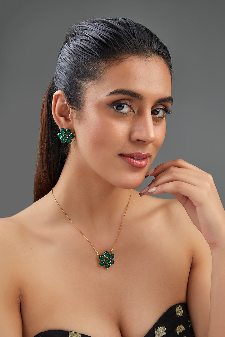 Gold Finish Emerald Synthetic Stone Pendant Necklace Set by Johori