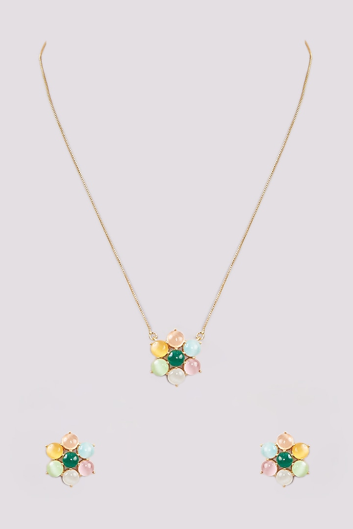 Gold Finish Multi-Colored Synthetic Stone Pendant Necklace Set by Johori at Pernia's Pop Up Shop