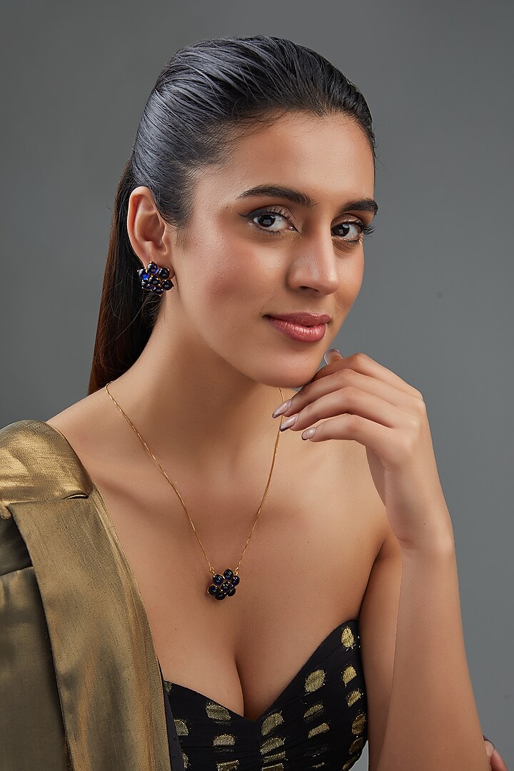 Gold Finish Blue Synthetic Stone Pendant Necklace Set by Johori at Pernia's Pop Up Shop