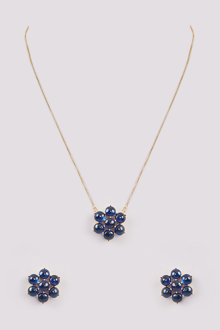 Gold Finish Blue Synthetic Stone Pendant Necklace Set by Johori at Pernia's Pop Up Shop