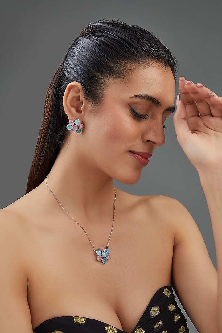 White Finish Multi-Colored Synthetic Stone Pendant Necklace Set by Johori at Pernia's Pop Up Shop