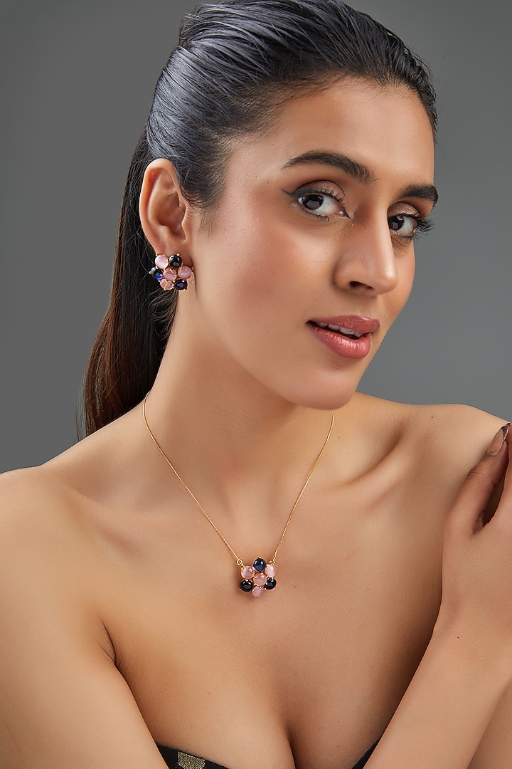 Gold Finish Multi-Colored Synthetic Stone Pendant Necklace Set by Johori at Pernia's Pop Up Shop