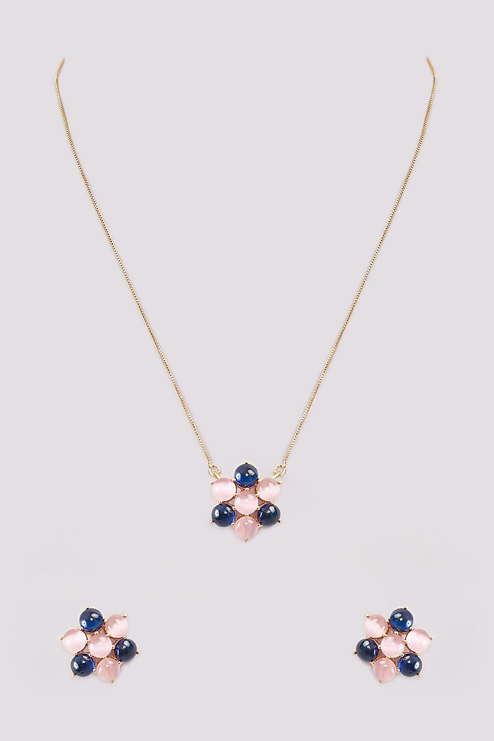Gold Finish Multi-Colored Synthetic Stone Pendant Necklace Set by Johori at Pernia's Pop Up Shop