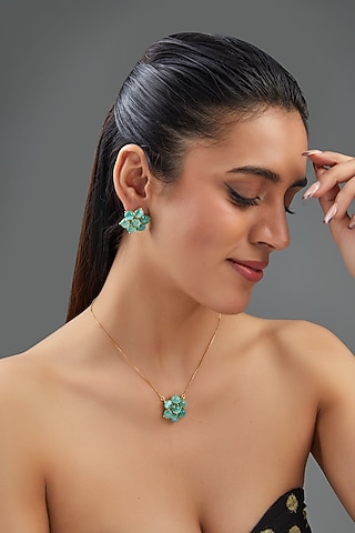 Gold Finish Mint Synthetic Stone Pendant Necklace Set by Johori