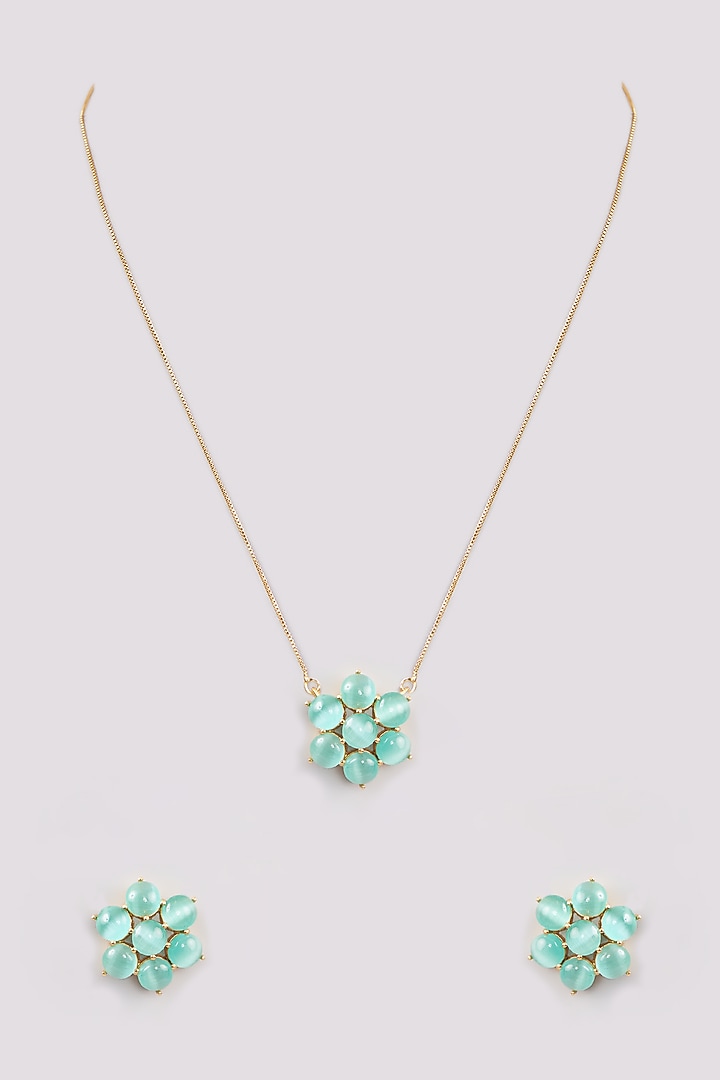 Gold Finish Mint Synthetic Stone Pendant Necklace Set by Johori at Pernia's Pop Up Shop
